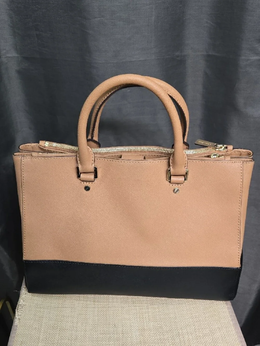 SALE! Michael Kors Beige and Black Leather Satchel with Gold MK Charm
